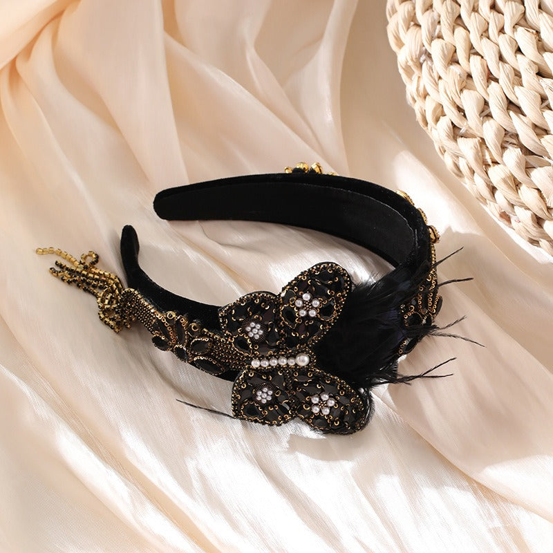 Butterfly rhinestone tassel feather headband headband