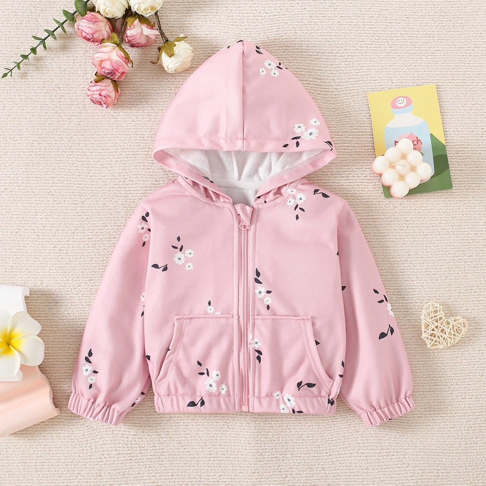 Full of floral print hooded zipper jacket