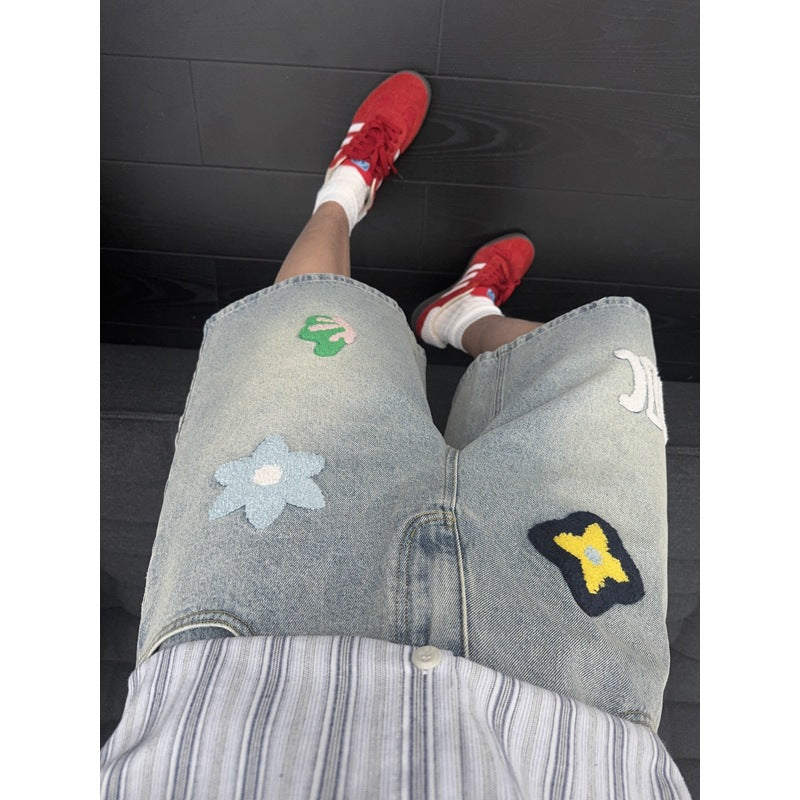 Floral Embroidery Denim Shorts for Men