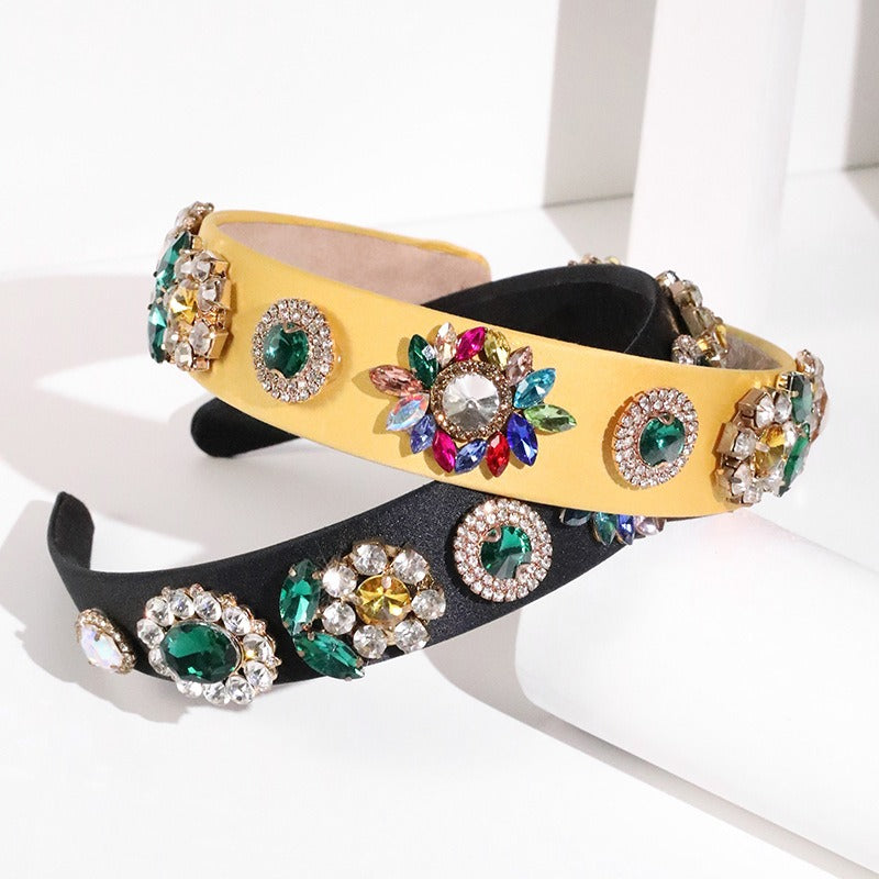 Fashionable wide brimmed hair band for women with diamond inlaid flower Baroque rhinestones