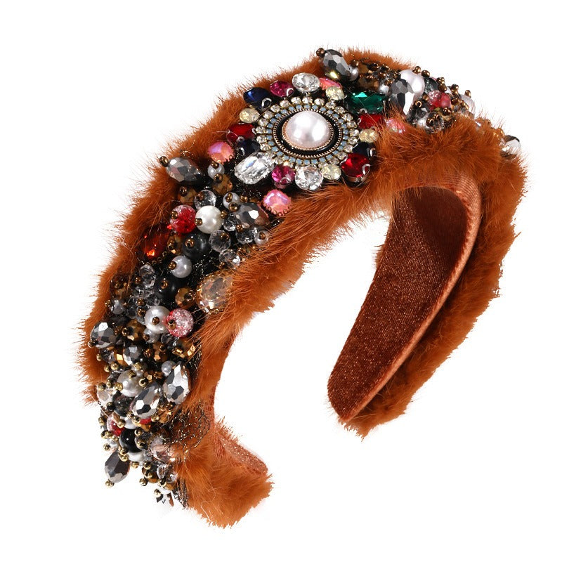Fashionable mink velvet handmade pearl crystal thickened hair hoop