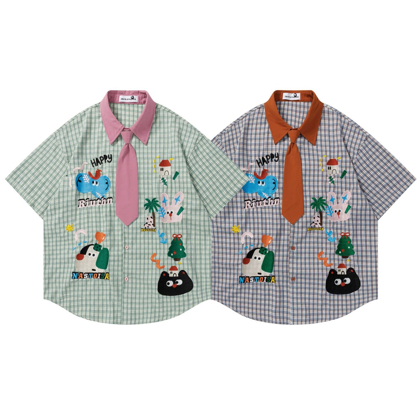 Embroidered checkered short sleeved shirt