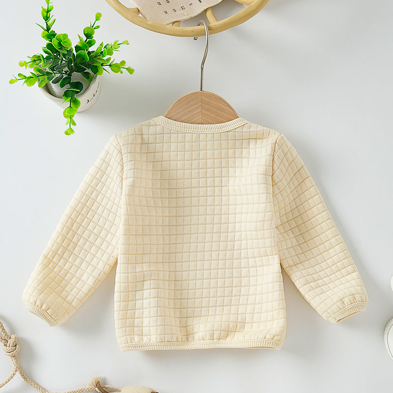 Autumn and Winter New Children's Unisex Round Neck Long Sleeve T-Shirt, High-Quality Knitted Plaid Fabric, Solid Color Minimalist Sweatshirt
