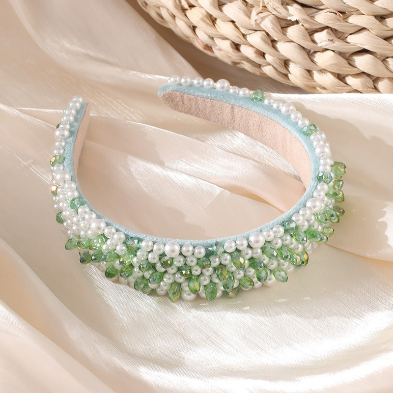Fashionable pearl hair band for washing face, wide brimmed crystal sponge headband for women