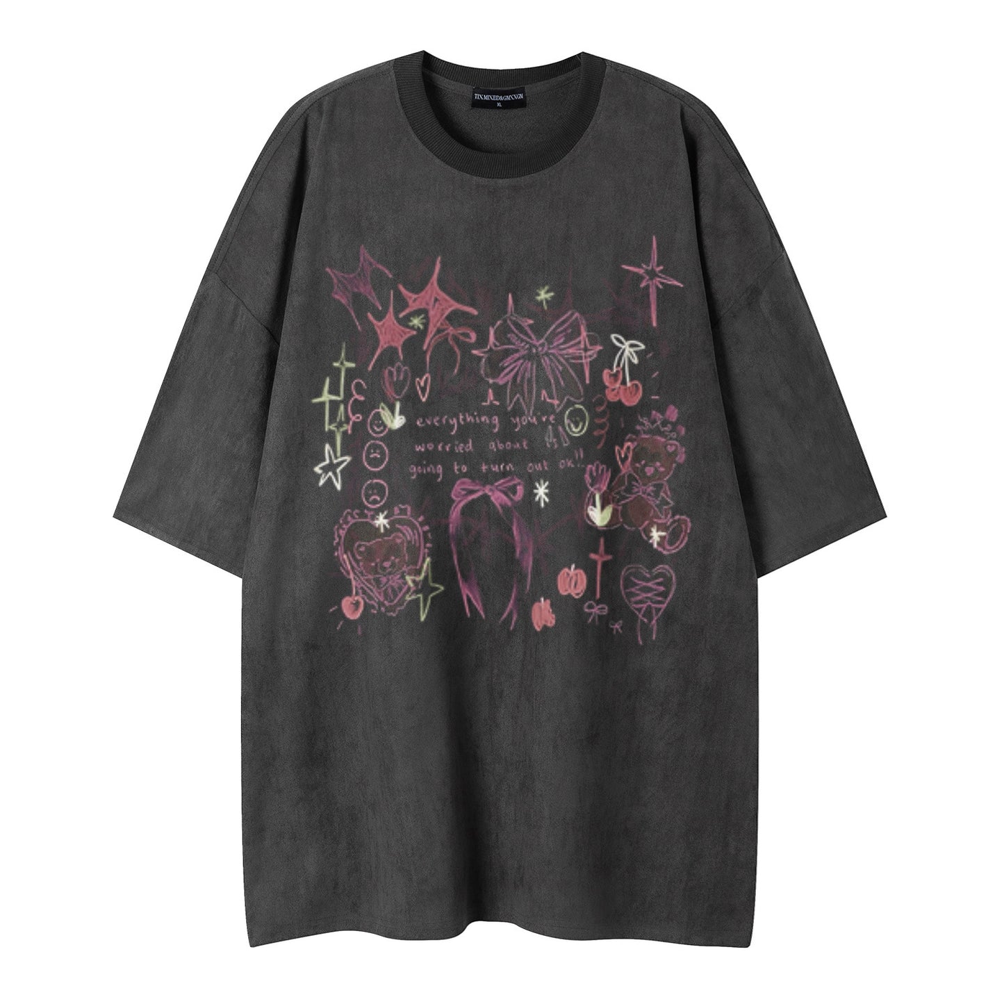 Graffiti teddy bear printed short sleeved shirt