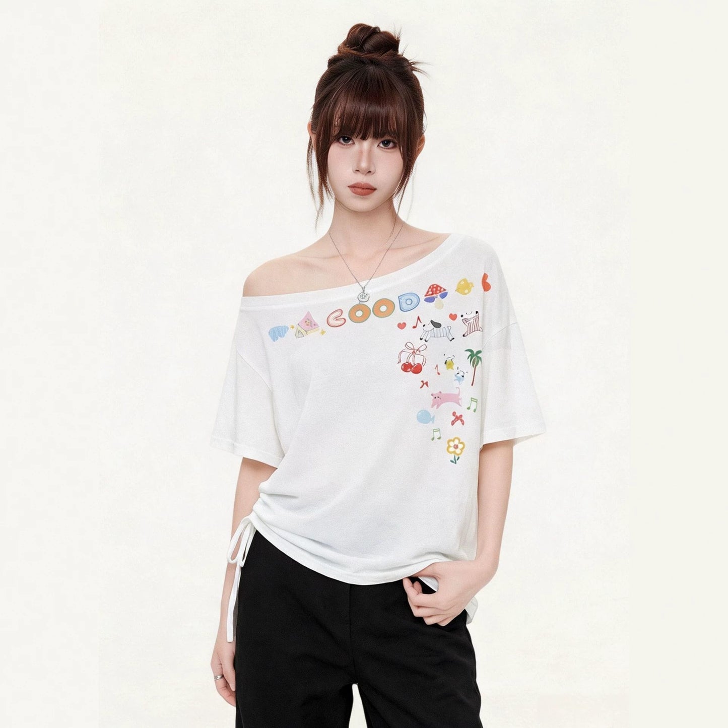 Off-Shoulder Short Sleeve T-Shirt for Women  Cartoon Print Irregular Design Stylish Top