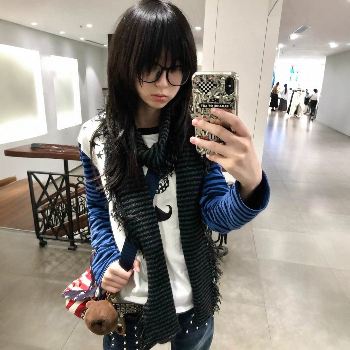 Color-block Stripes Mustache Stars Long Sleeve Women's T-Shirt
