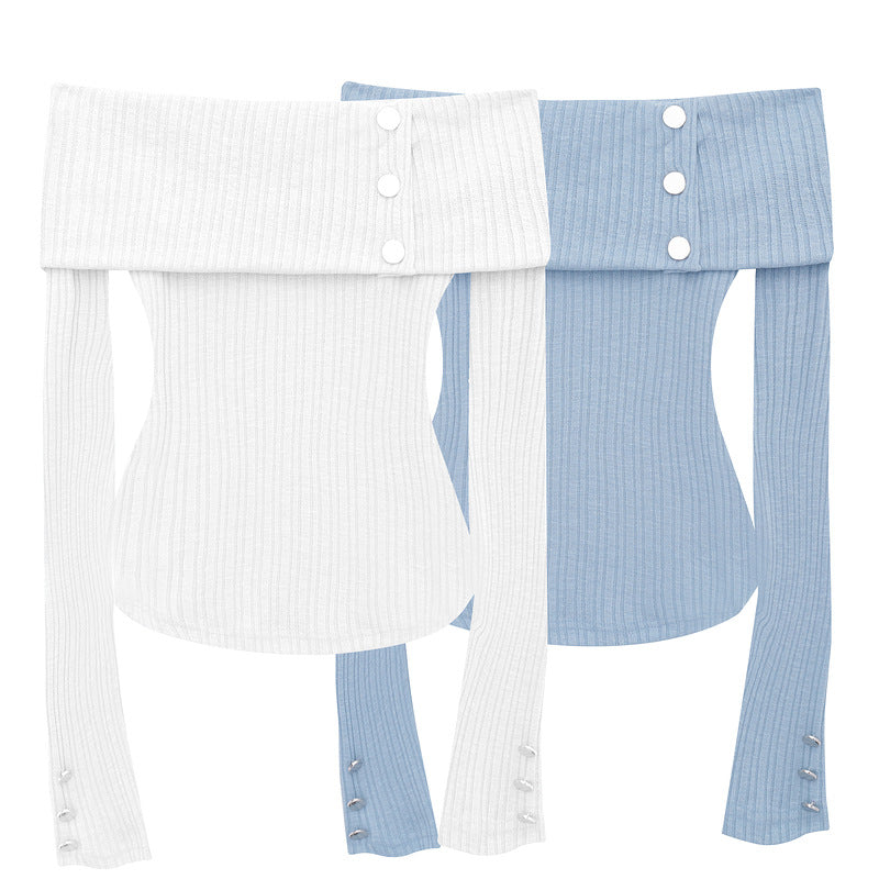 One shoulder off shoulder knit top with side buttons