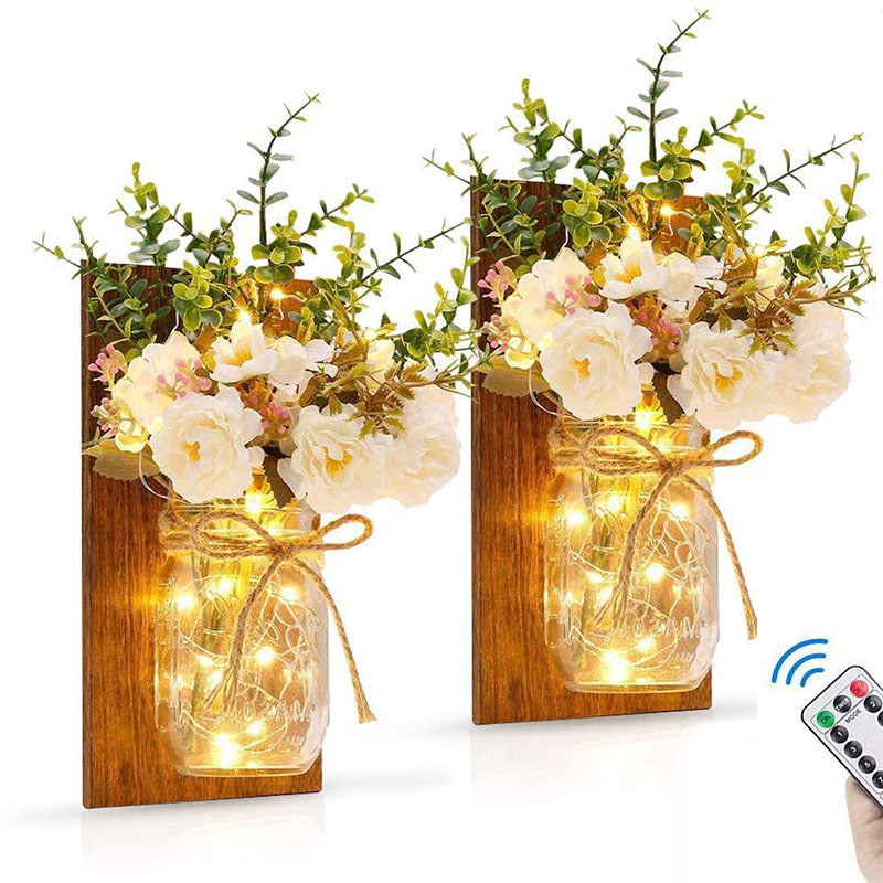 Creative wooden board LED Mason jar flower lamp glass Mason jar retro wall lamp