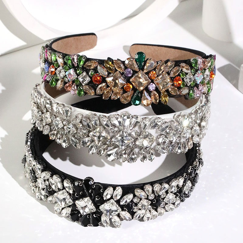 Fashionable Heavy Industry Set Colorful Water Diamond Hair Hoops for Women's Retro Palace Style Super Sparkling Baroque Wide Edg