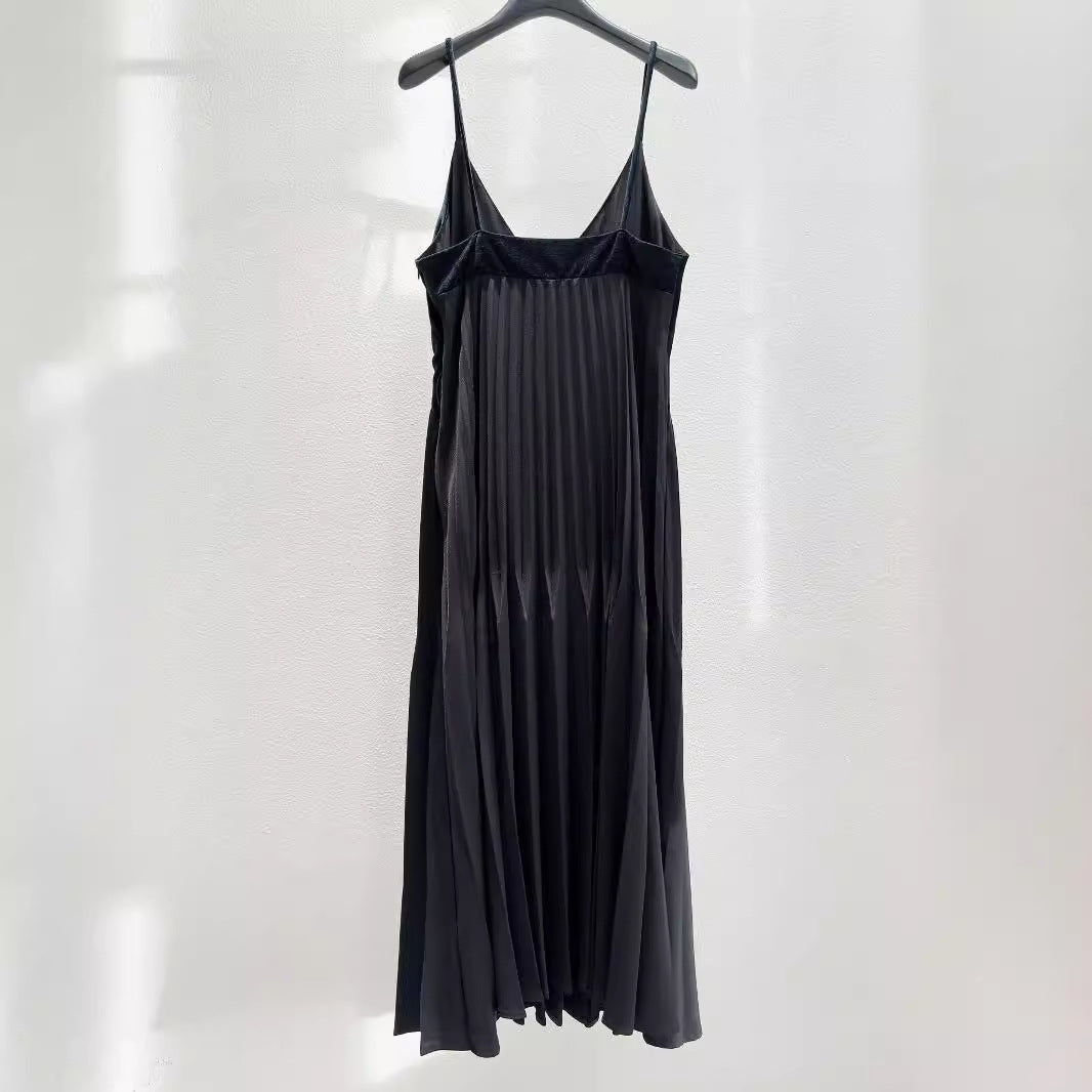 French velvet patchwork pleated V-neck camisole dress for slimming women
