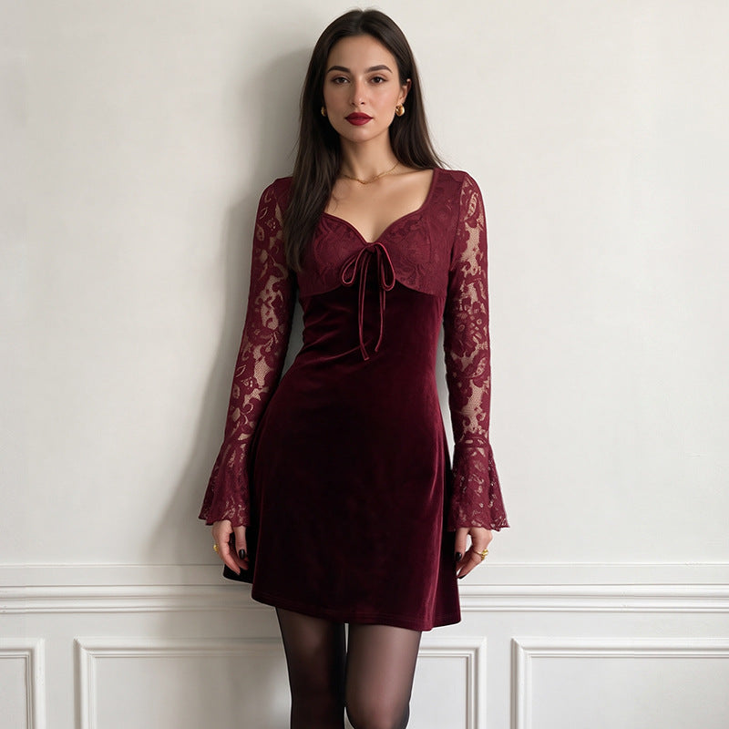 Velvet Lace Patchwork Long Sleeve Tie Waist Mini Dress