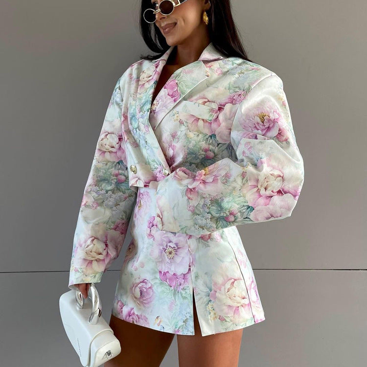 European and American fashion loose suit skirt two-piece set long sleeved lapel top printed high waisted short skirt