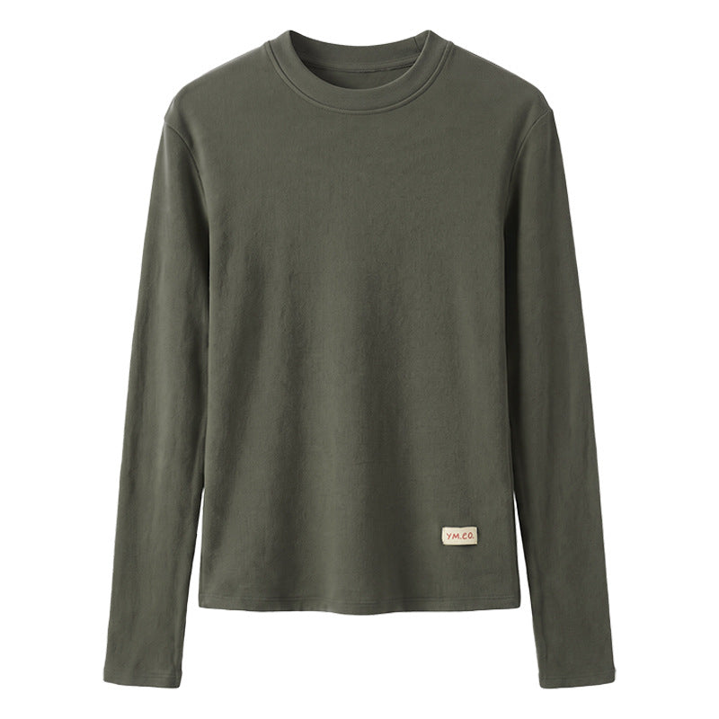 Retro Long Sleeve Inner Top for Women, Autumn and Spring, Round Neck, High-Quality Brushed Fabric, Slim Fit, Elegant Basic Shirt
