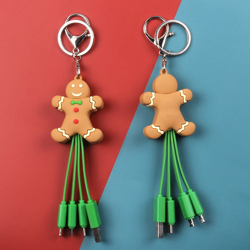 Christmas 3-in-1 Data Cable Creative Cartoon Multi functional Portable Keychain Santa Charging Cable