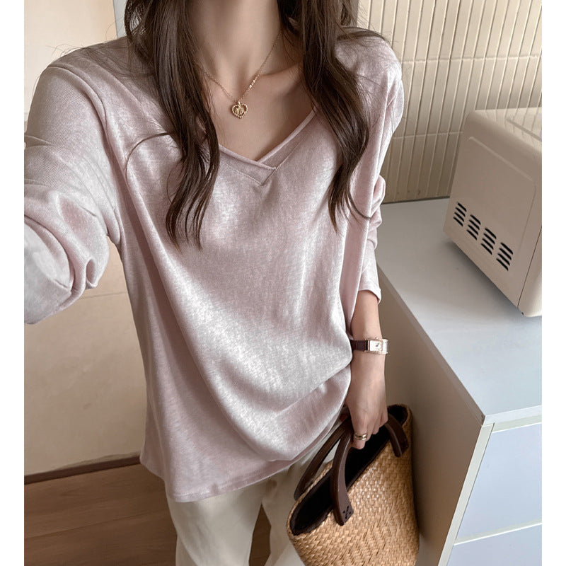 Snow Cotton Women's Long Sleeve T-Shirt, Deep V-Neck, Loose Casual Basic Versatile Top