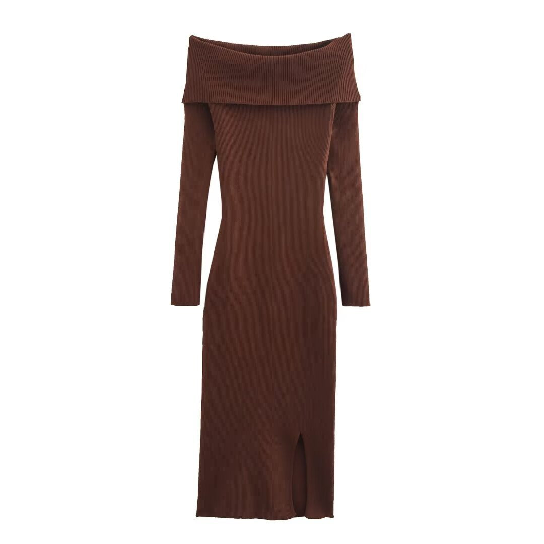 Fashionable and minimalist one shoulder slim knit long sleeved dress