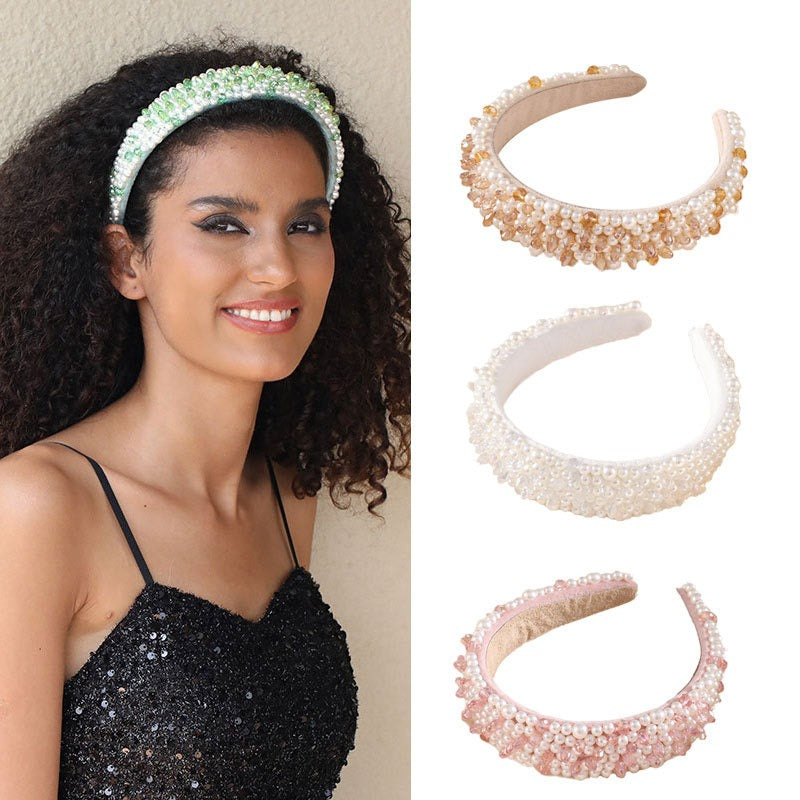 Fashionable pearl hair band for washing face, wide brimmed crystal sponge headband for women