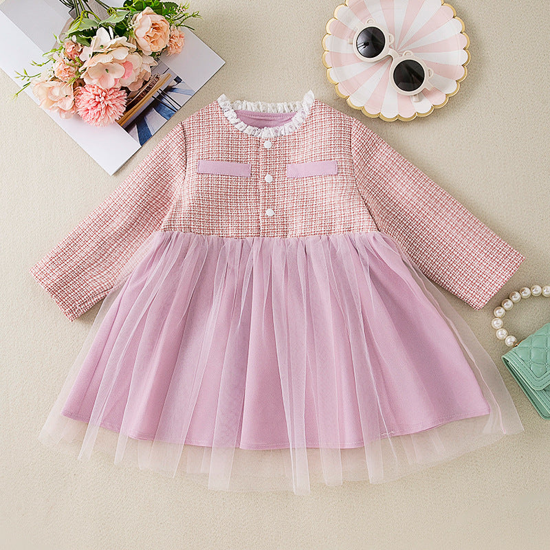 Exclusive Autumn/Winter  New Lace Collar Pink Tulle Dress Chic Style Girl's Dress