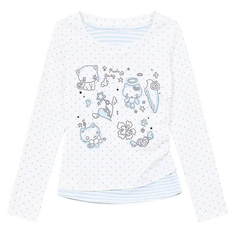 Polka dot mock two-piece long-sleeve T-shirt