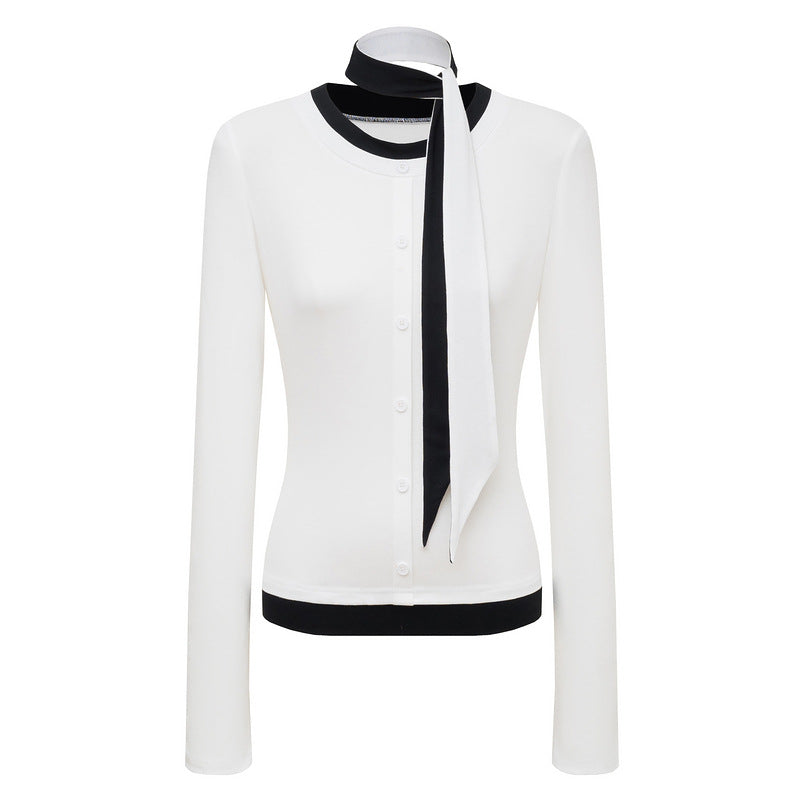 Hanging neck ribbon contrasting fake two piece long sleeved T-shirt