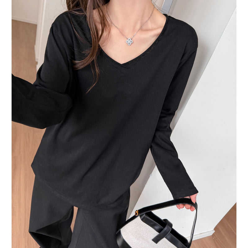 Snow Cotton Women's Long Sleeve T-Shirt, Deep V-Neck, Loose Casual Basic Versatile Top