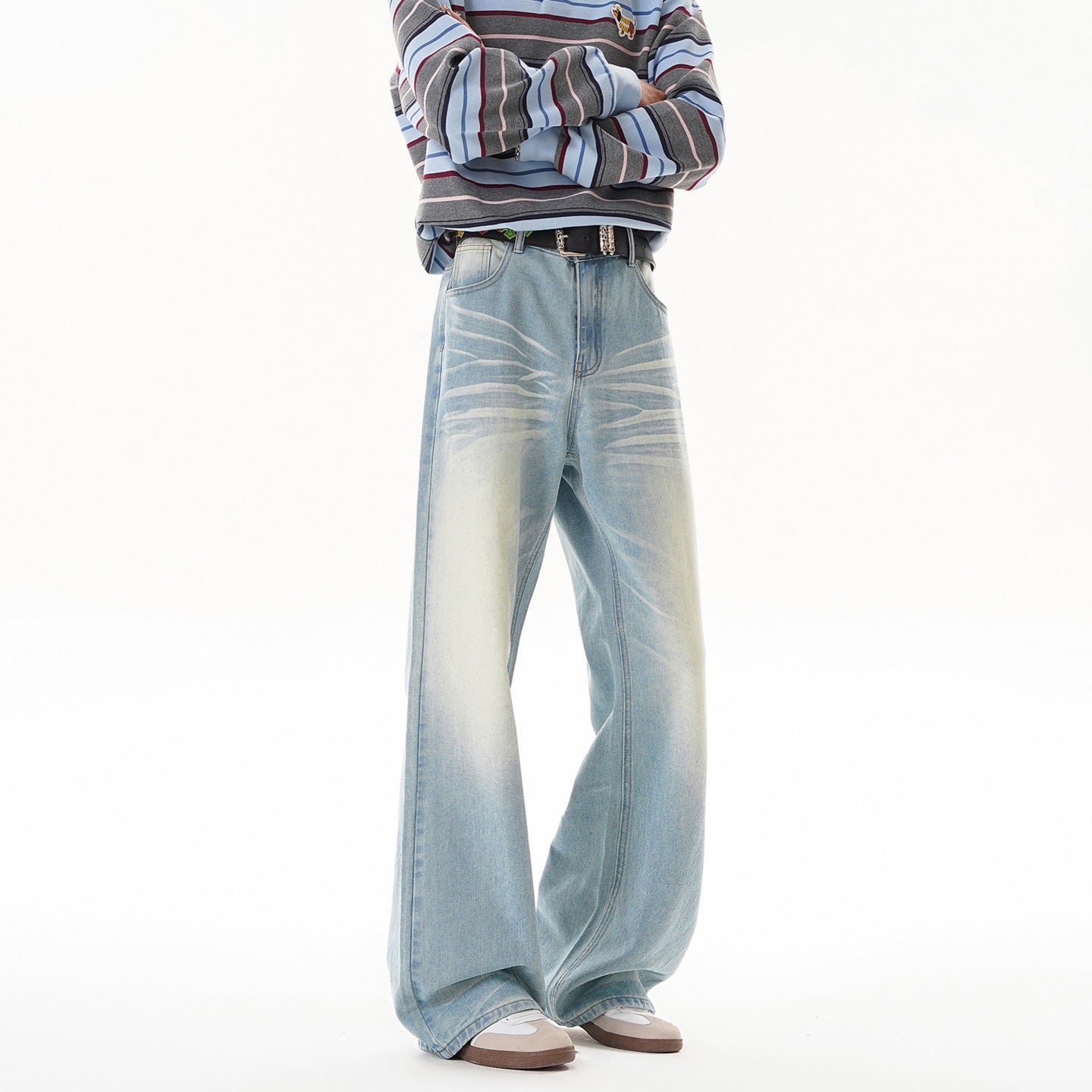 Washed Distressed Flared Denim Pants Men