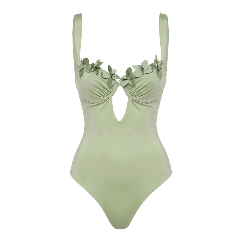 3D Floral Two-Piece Swimsuit for Women, Light Green, Tummy Control, Slimming Bathing Suit, Resort Wear