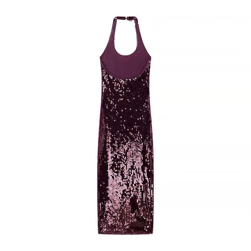 French sexy backless sequin design hanging neck dress