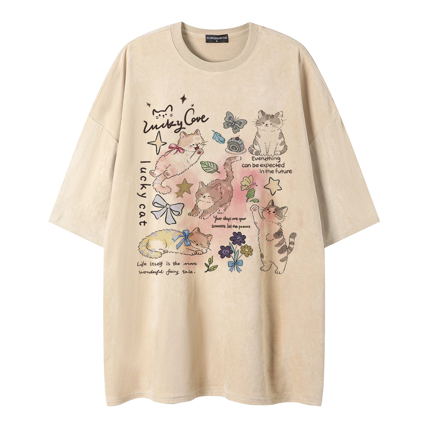 Cat butterfly print short sleeved shirt