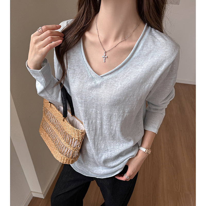 Snow Cotton Women's Long Sleeve T-Shirt, Deep V-Neck, Loose Casual Basic Versatile Top