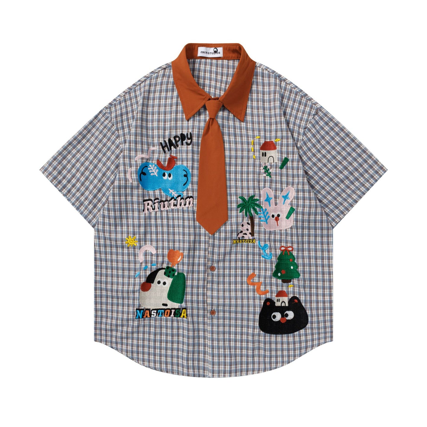 Embroidered checkered short sleeved shirt