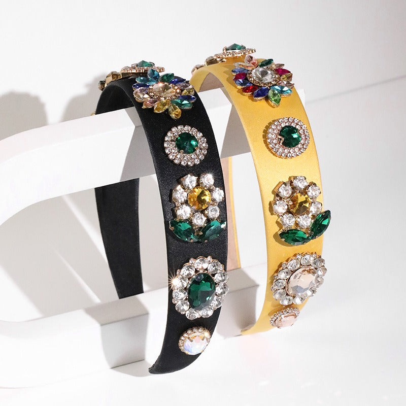 Fashionable wide brimmed hair band for women with diamond inlaid flower Baroque rhinestones