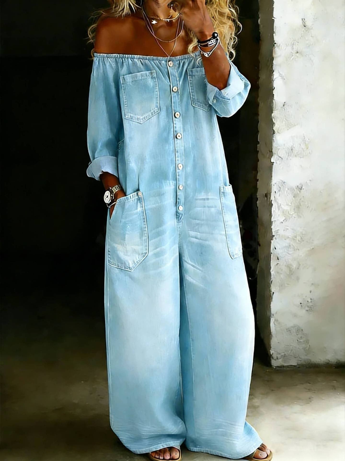 Single-Breasted Off-Shoulder Washed Overalls for Women
