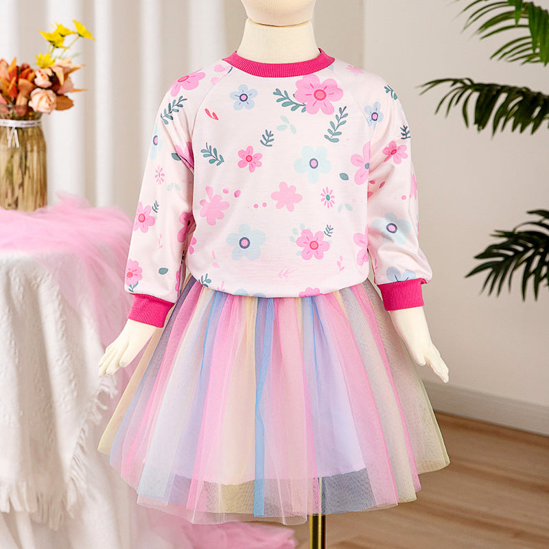 Cute Printed Long Sleeve Hoodie and Skirt Set for GirlsSpring and Autumn Fashion