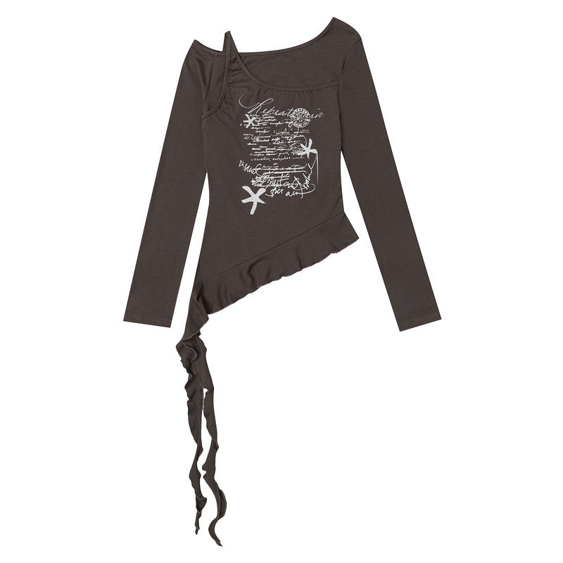 Irregular ribbon hem slanted collar long sleeved t-shirt for women