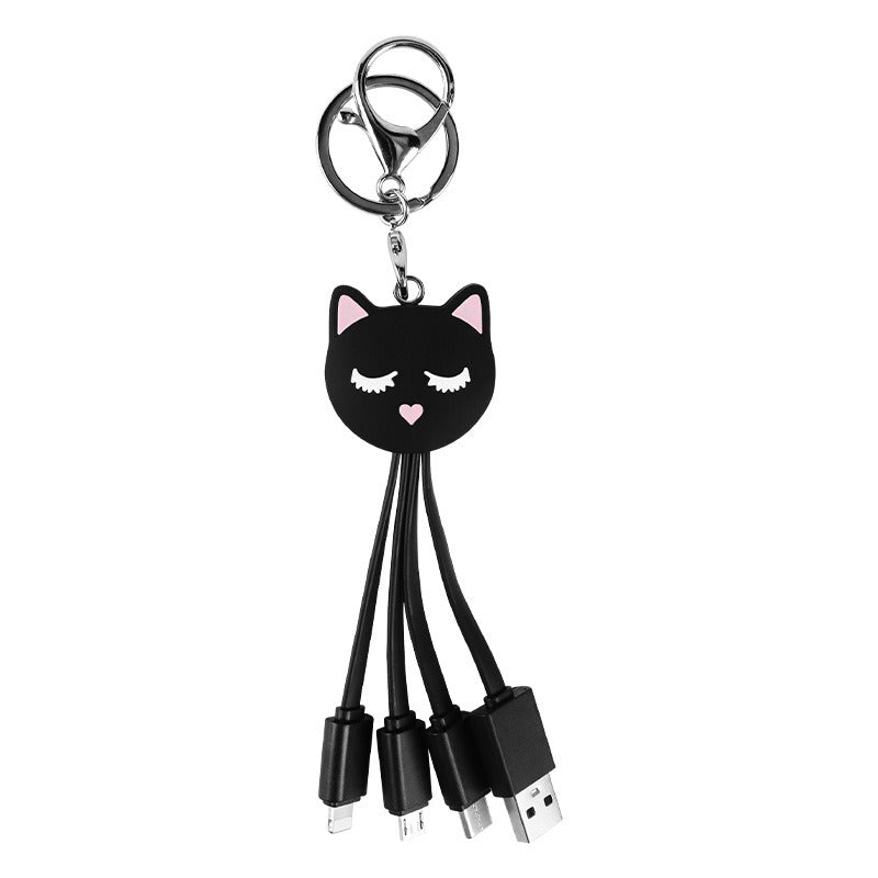 Cartoon Black Cat 3-in-1 Data Cable Cute Key Portable One to Three Charging Cable Suitable for Apple and Huawei