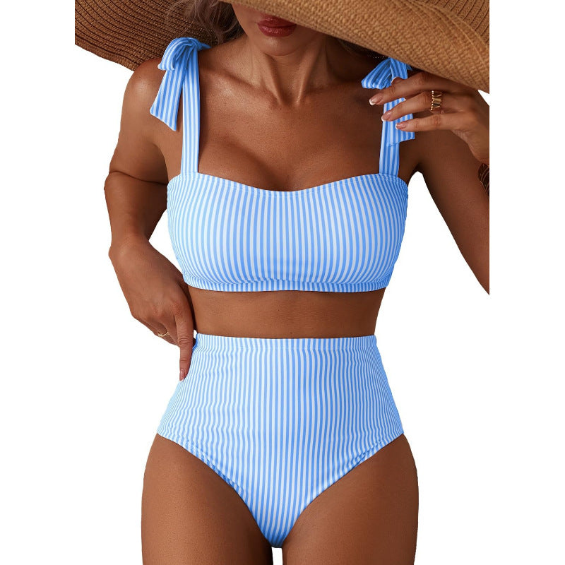 Women's Striped Bikini Set with Tie-Shoulder Design, High-Waisted Two-Piece Swimsuit