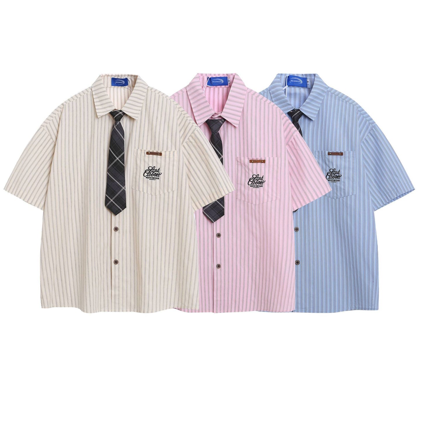 Embroidered striped short sleeved pocket