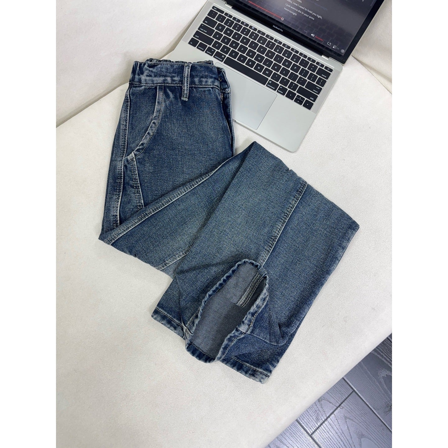 Lightning Pattern Washed Denim Pants Men Straight Leg Pants