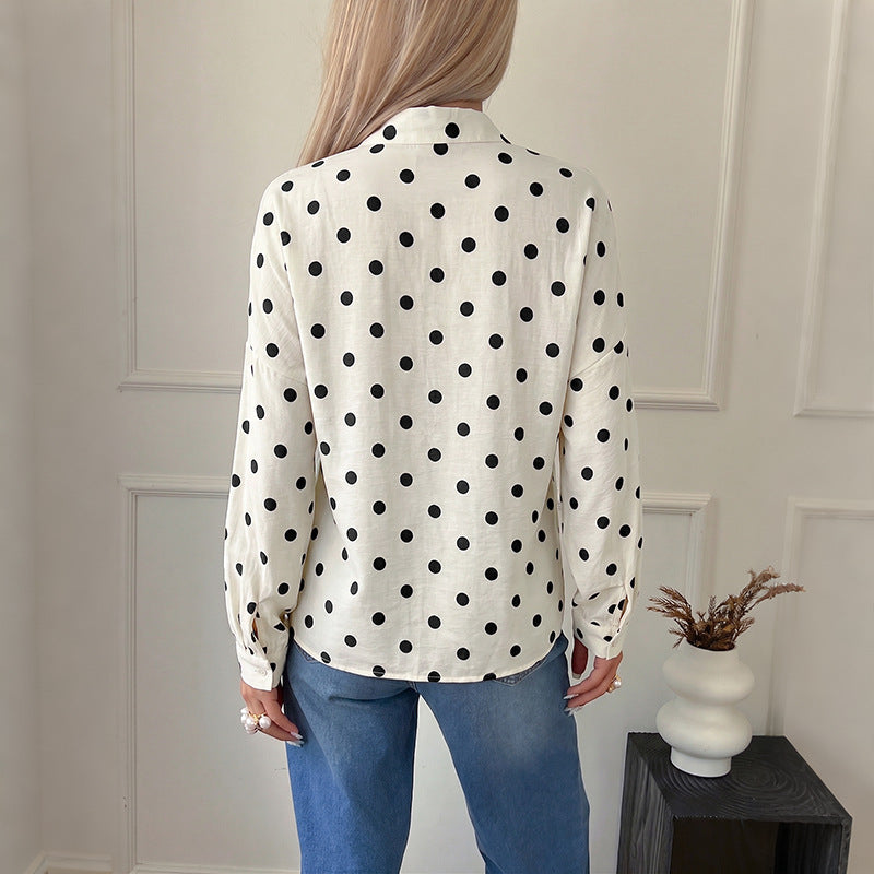 Loose stand up collar polka dot long sleeved shirt