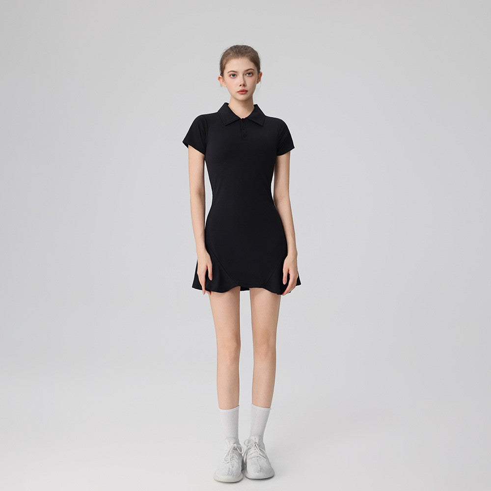 Elegant and Stylish Golf-Specific Polo Neck Dress with Short Sleeves, Summer Nylon Shaping High-End Fitness Skirt