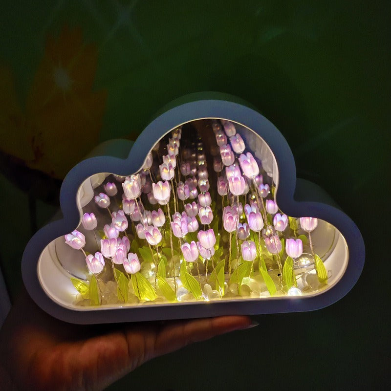 DIY Cloud Tulip LED Night Light Girl Bedroom Ornaments Creative Photo Frame Mirrored Table Lamps Bedside Handmade Birthday Gifts