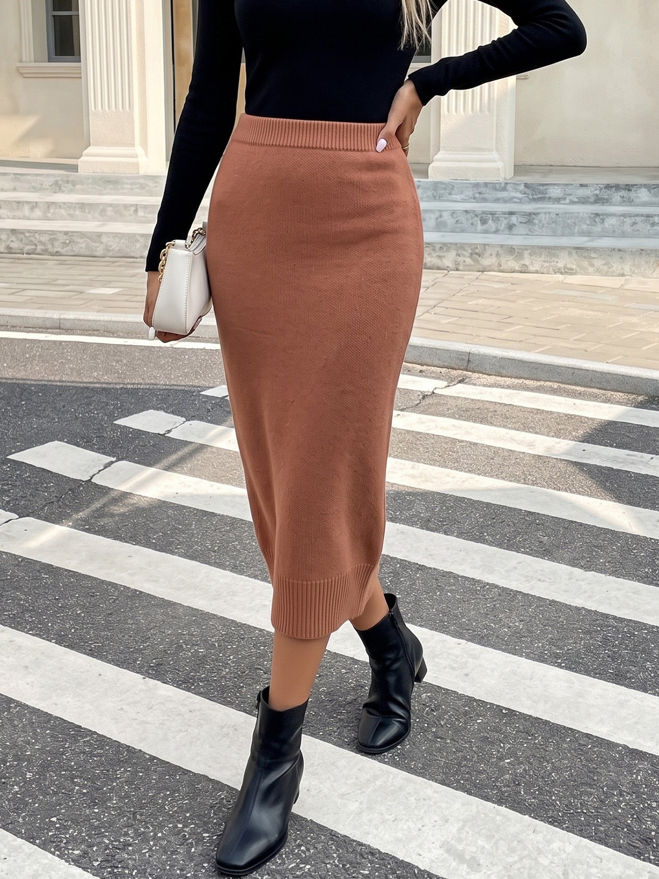 Women's Casual Office Pencil Skirt, Pure Color Loose Midi Skirt, Fitted Knit Dress