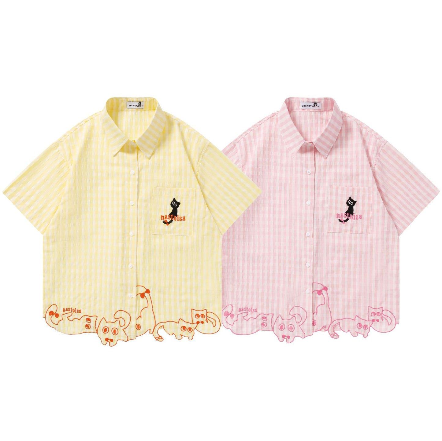 Cartoon cat embroidered short sleeved shirt