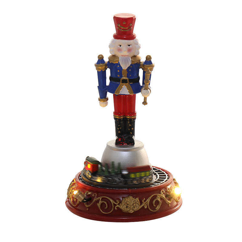 Christmas Gift Luminous Music Resin Ornament Walnut Soldier Small Train House Christmas Ornament