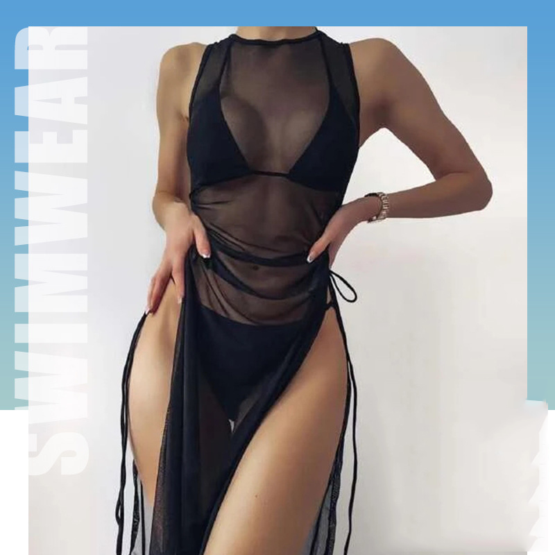 Bikini Swimwear Set, Solid Color Long Dress, Sexy Three-Piece Separated Swimsuit for Women