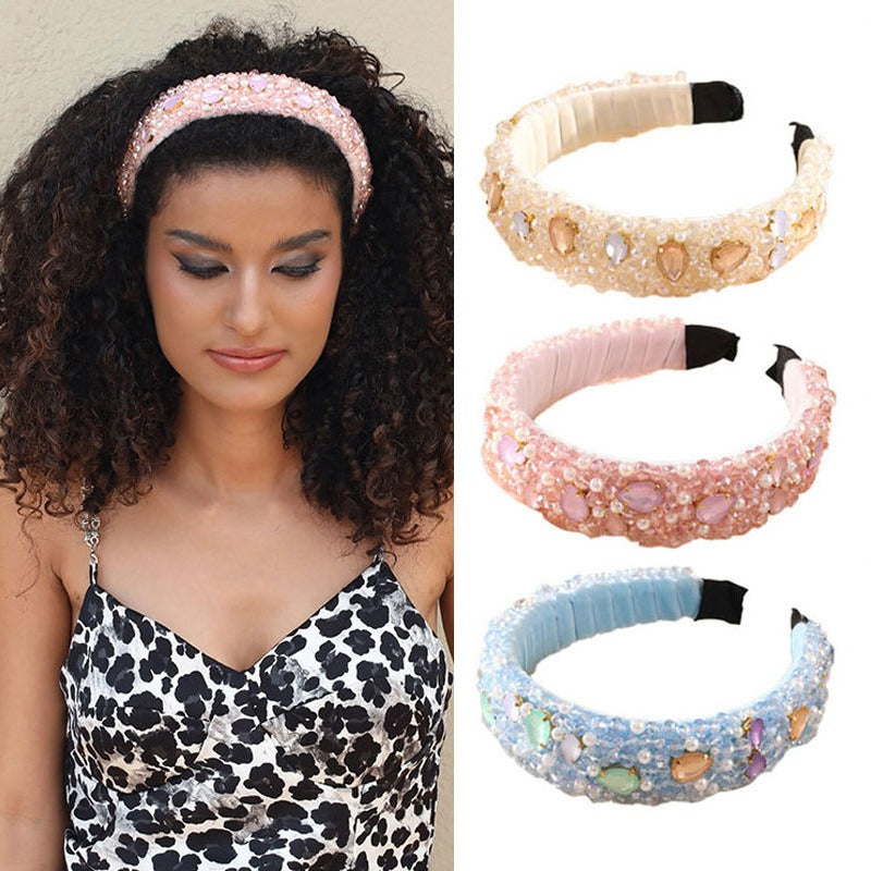 Fashionable Super Sparkling Crystal Pearl Hair Hoop Handsewn Simple Face Wash Headband