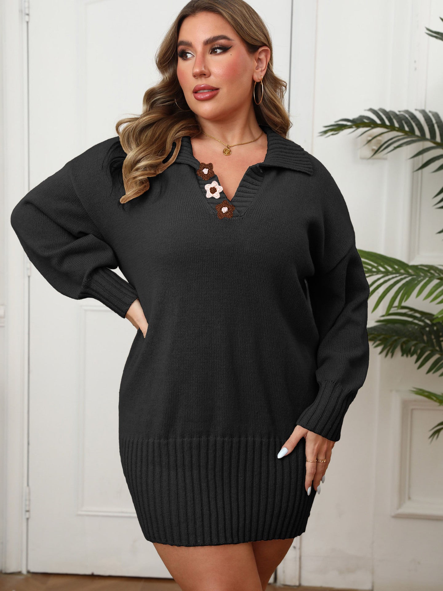 Plus Size Women's Polo Neck Bodycon Dress Hand-knitted Flower Patchwork Knit Dress