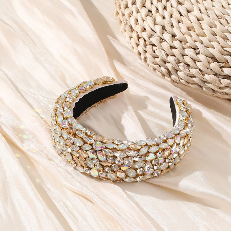 Baroque rhinestone geometric wide edge full diamond colored thickened sponge hair hoop for women